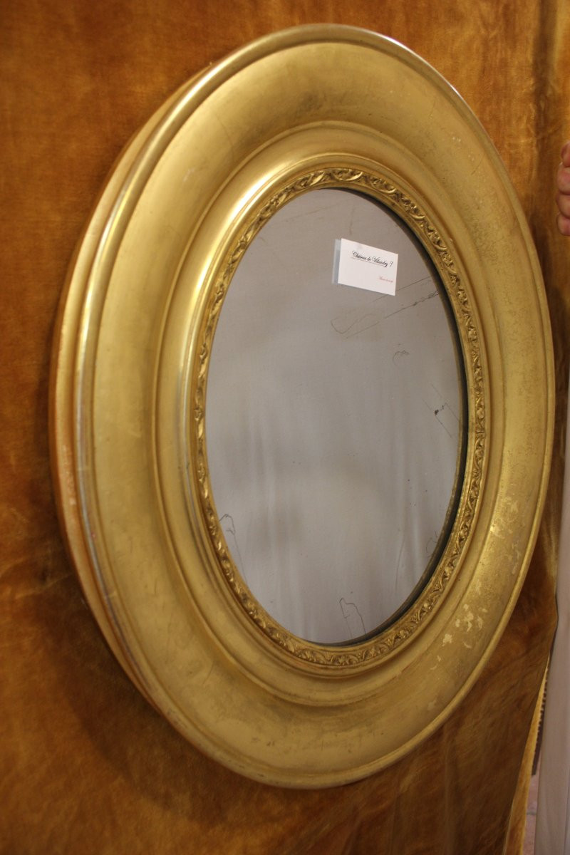 62 X 54 Cm Antique Mirror, Oval Medallion, Gold Leaf And Mercury Glass-photo-7