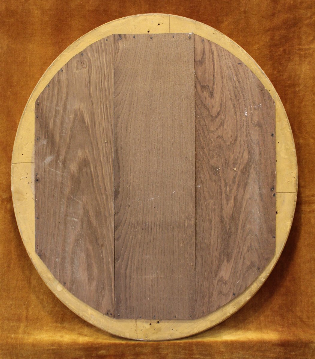 62 X 54 Cm Antique Mirror, Oval Medallion, Gold Leaf And Mercury Glass-photo-8