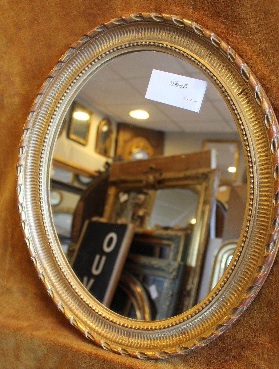 36 x 42 cm,  Miroir ancien ovale perlé  feuille d'or-photo-1