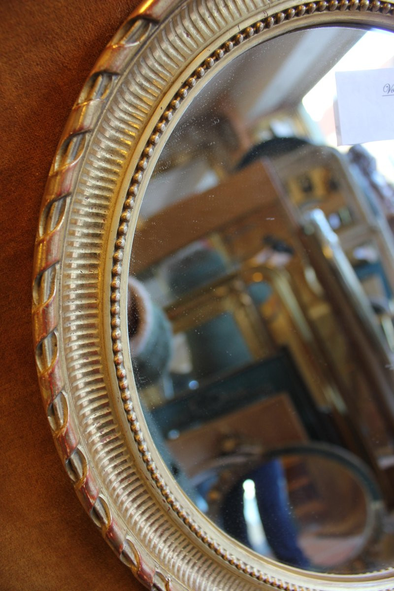 36 x 42 cm,  Miroir ancien ovale perlé  feuille d'or-photo-3