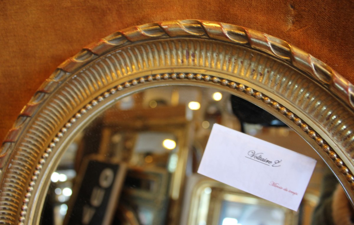 36 x 42 cm,  Miroir ancien ovale perlé  feuille d'or-photo-6