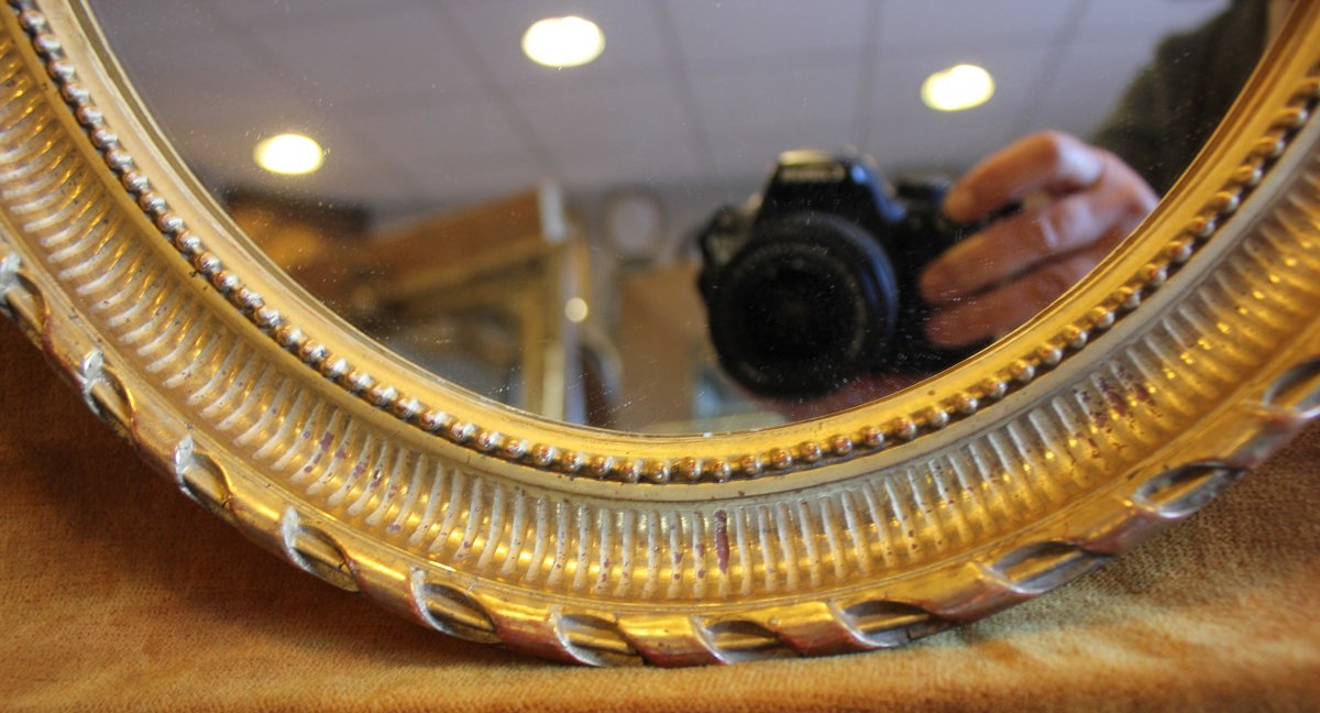 36 x 42 cm,  Miroir ancien ovale perlé  feuille d'or-photo-7