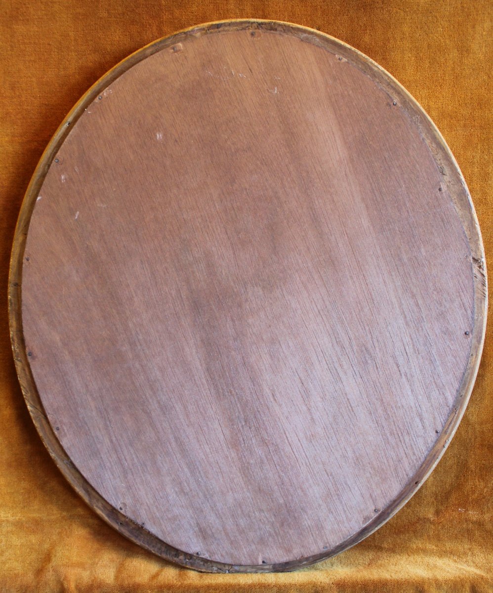 36 x 42 cm,  Miroir ancien ovale perlé  feuille d'or-photo-8