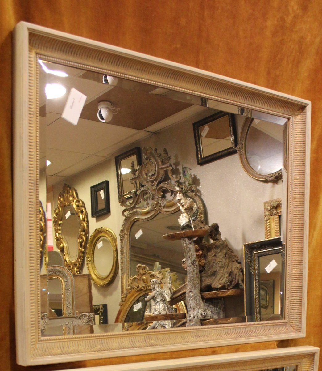 69 X 89 Cm Pair Of Rectangular Mirrors With Beaded And Patinated Gilt Edges, Beveled Glass-photo-2