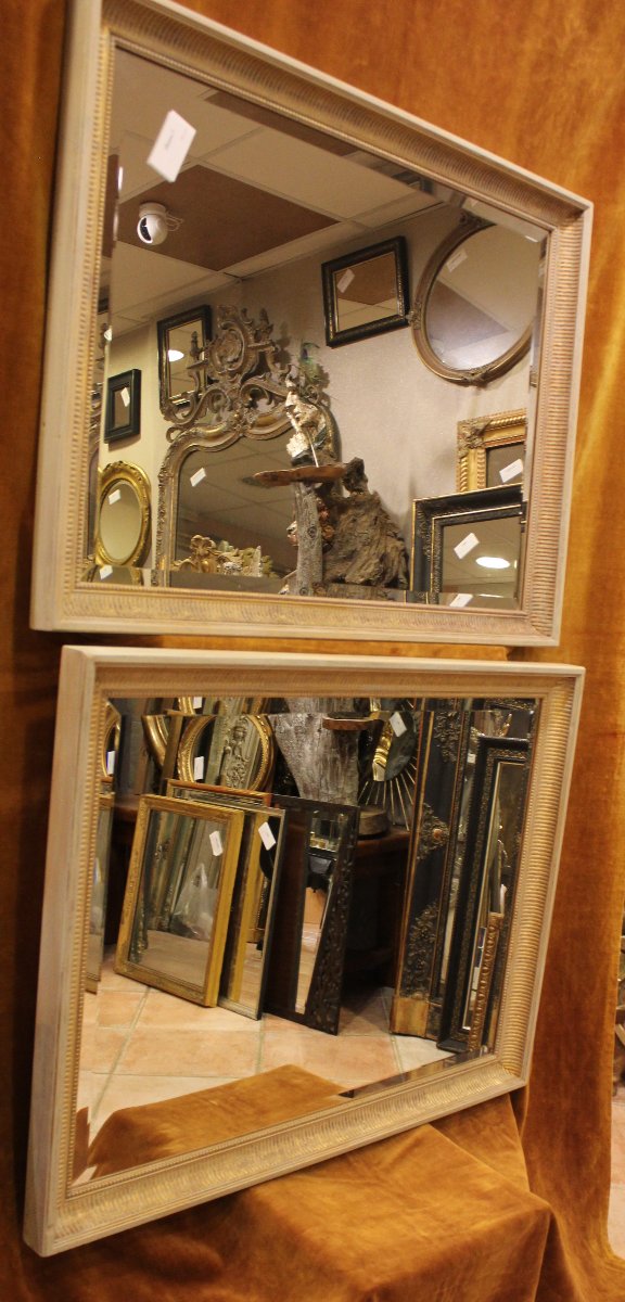 69 X 89 Cm Pair Of Rectangular Mirrors With Beaded And Patinated Gilt Edges, Beveled Glass-photo-4