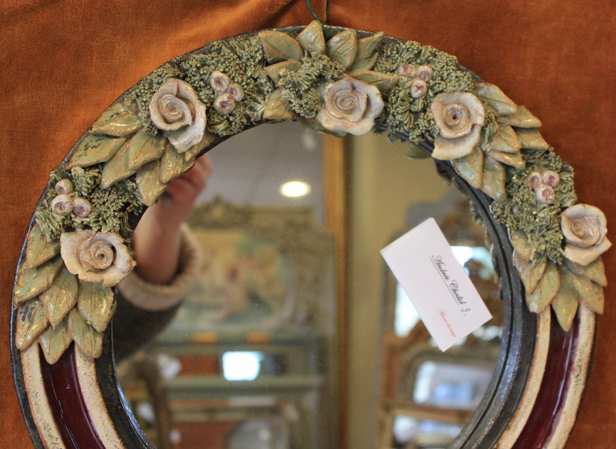 diamètre 33 cm, miroir rond, céramique décor floral-photo-2