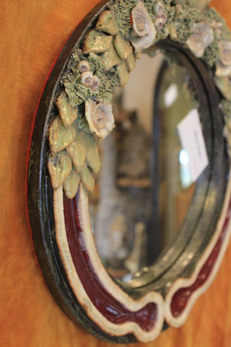 diamètre 33 cm, miroir rond, céramique décor floral-photo-3