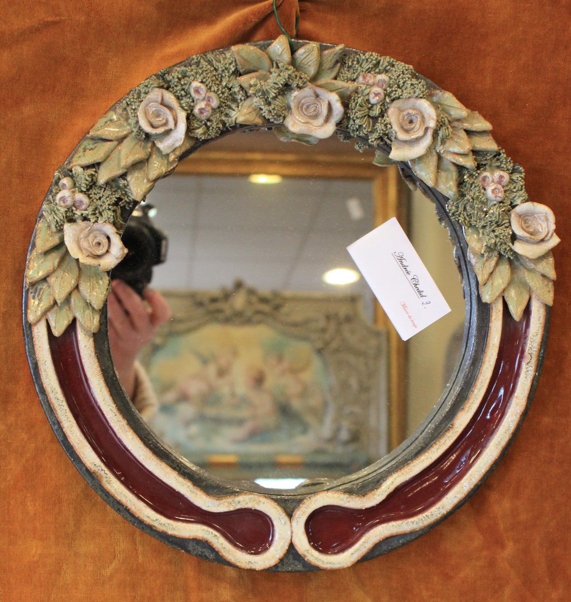 diamètre 33 cm, miroir rond, céramique décor floral