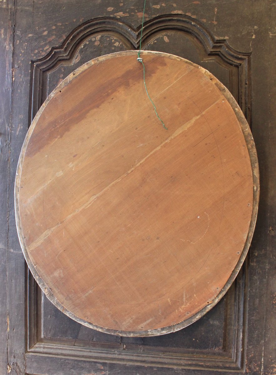61 x 71 cm Miroir ovale ancien, médaillon Louis XIII, bois sculpté, glace mercure, XVIIème-photo-8