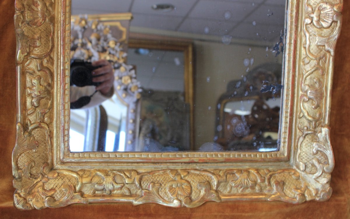 55 x 75 cm Miroir XVIIIème, Régence, bois sculpté et doré, glace mercure-photo-3