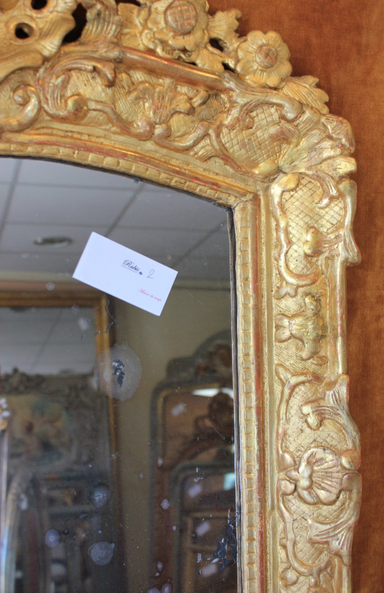 55 x 75 cm Miroir XVIIIème, Régence, bois sculpté et doré, glace mercure-photo-4