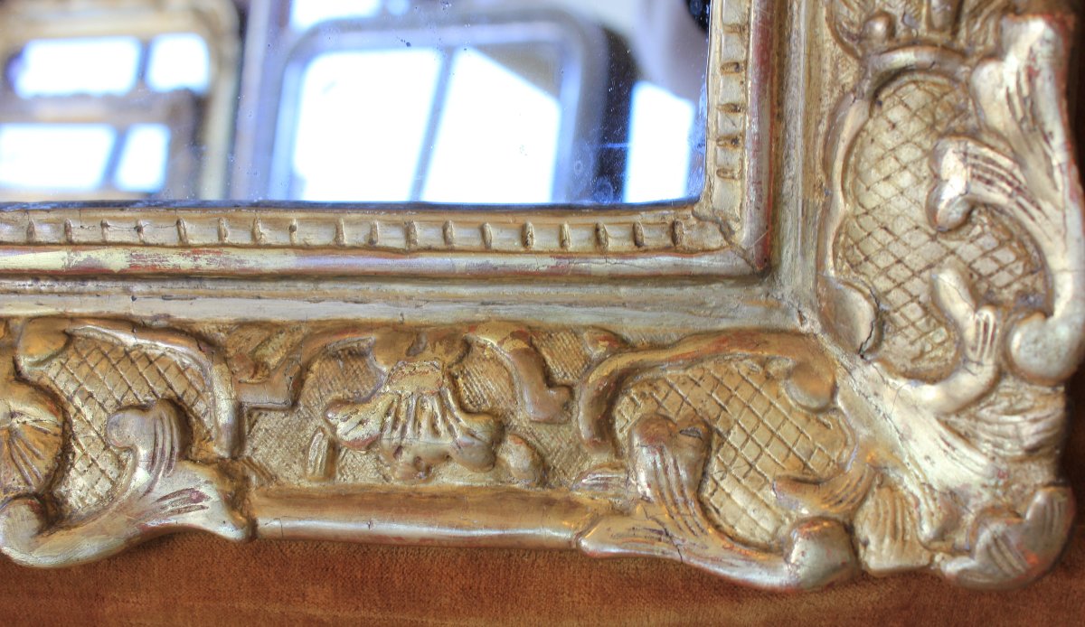 55 x 75 cm Miroir XVIIIème, Régence, bois sculpté et doré, glace mercure-photo-3