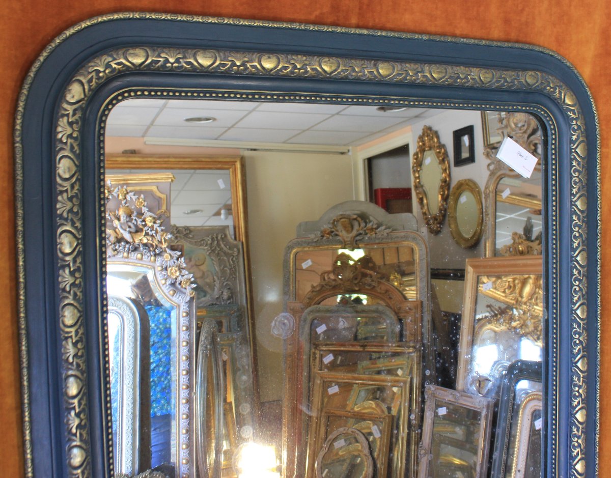 93 x 135 cm Miroir de cheminée ancien, moulure Louis Philippe perlée, patine et dorure-photo-2