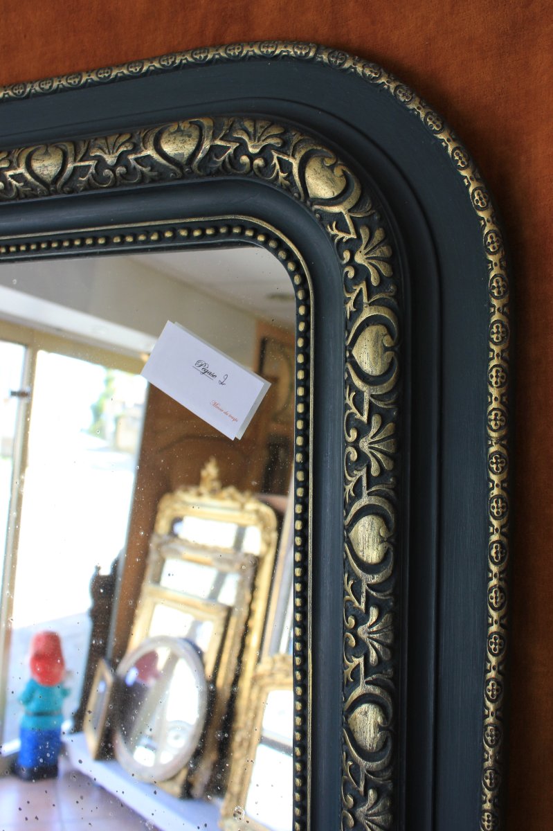93 x 135 cm Miroir de cheminée ancien, moulure Louis Philippe perlée, patine et dorure-photo-3