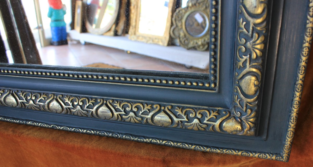 93 x 135 cm Miroir de cheminée ancien, moulure Louis Philippe perlée, patine et dorure-photo-2