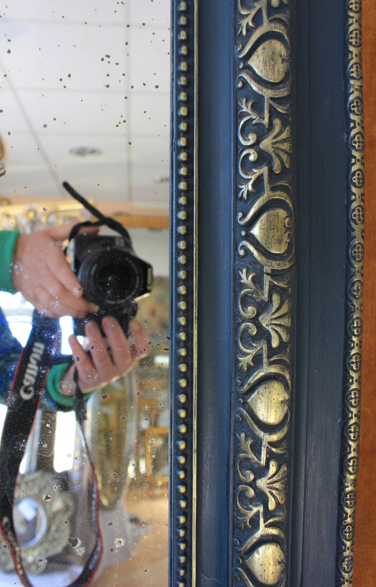 93 x 135 cm Miroir de cheminée ancien, moulure Louis Philippe perlée, patine et dorure-photo-5