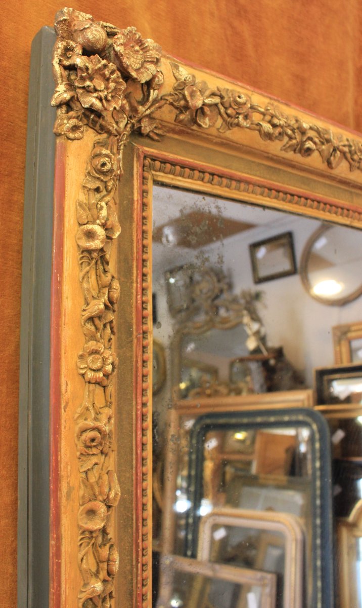 88 x 130 cm miroir rectangle ancien XIXème, patine et feuille d'or, glace mercure-photo-1
