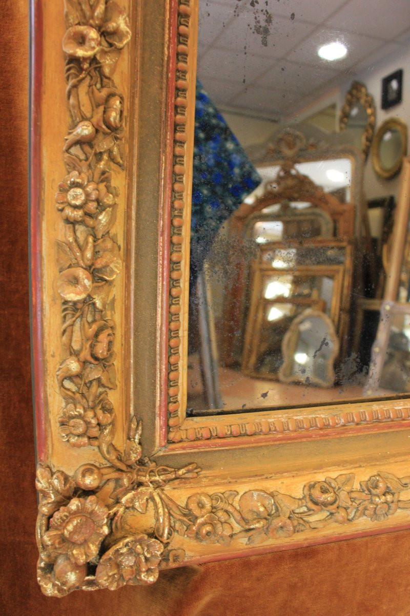 88 x 130 cm miroir rectangle ancien XIXème, patine et feuille d'or, glace mercure-photo-3