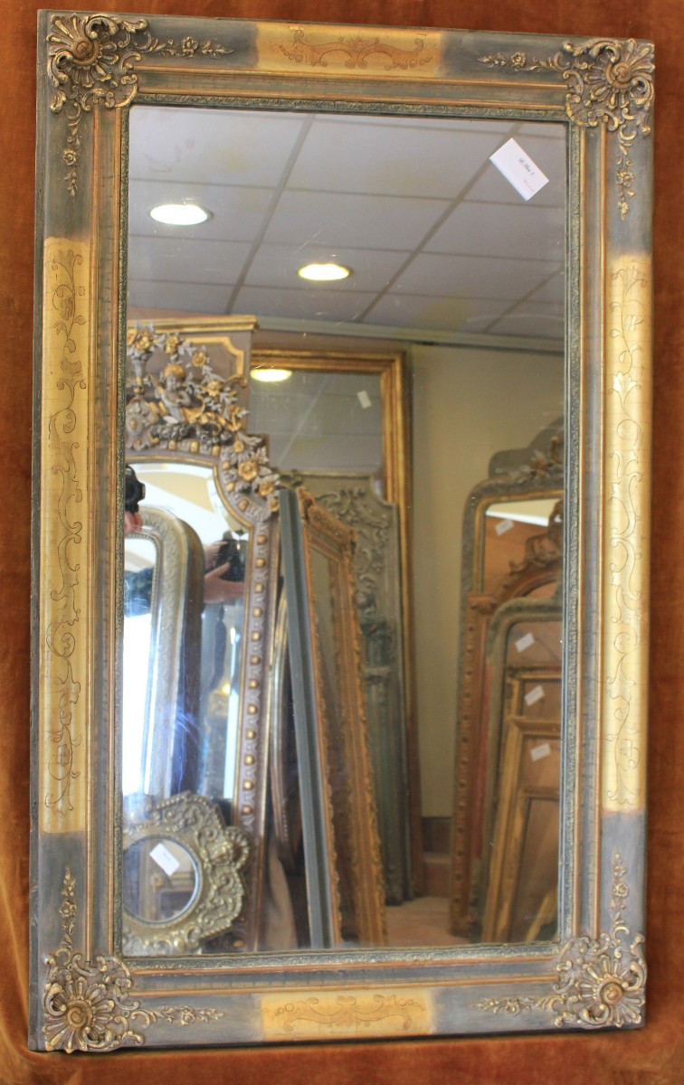 76 x 124 cm Miroir ancien rectangle restauration, feuille d'or et patine
