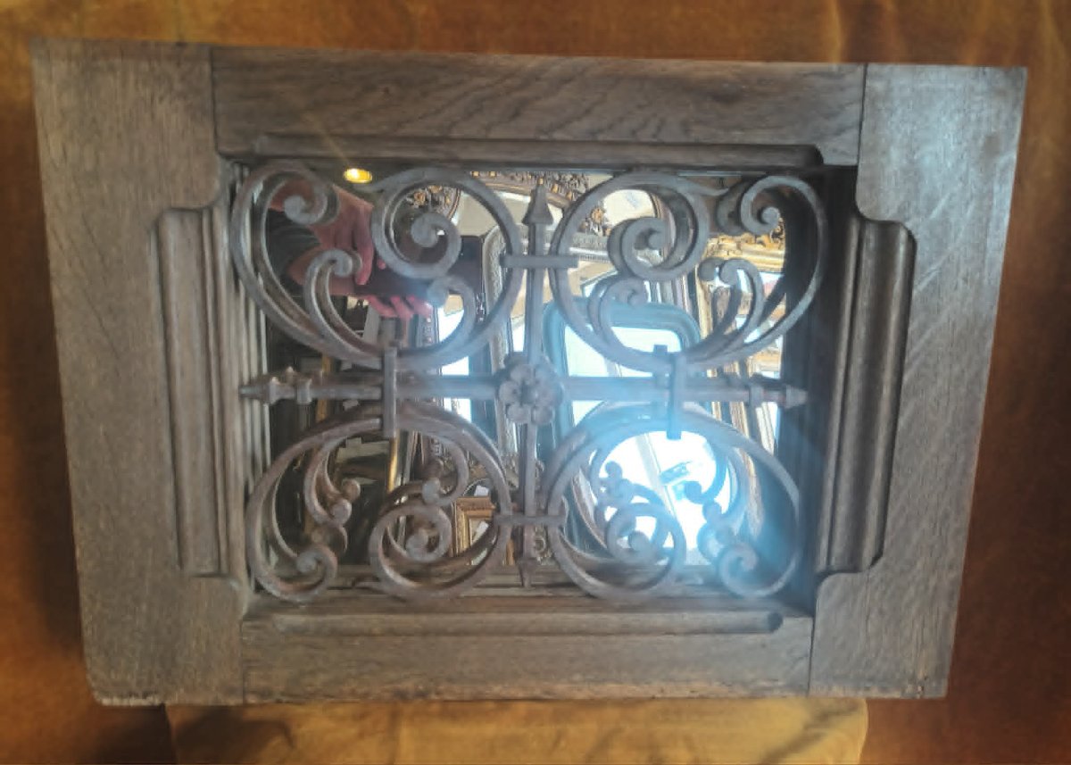 40 x 57 cm Paire de Miroirs anciens, cadre chêne massif avec imposte fer forgé XIXème-photo-3