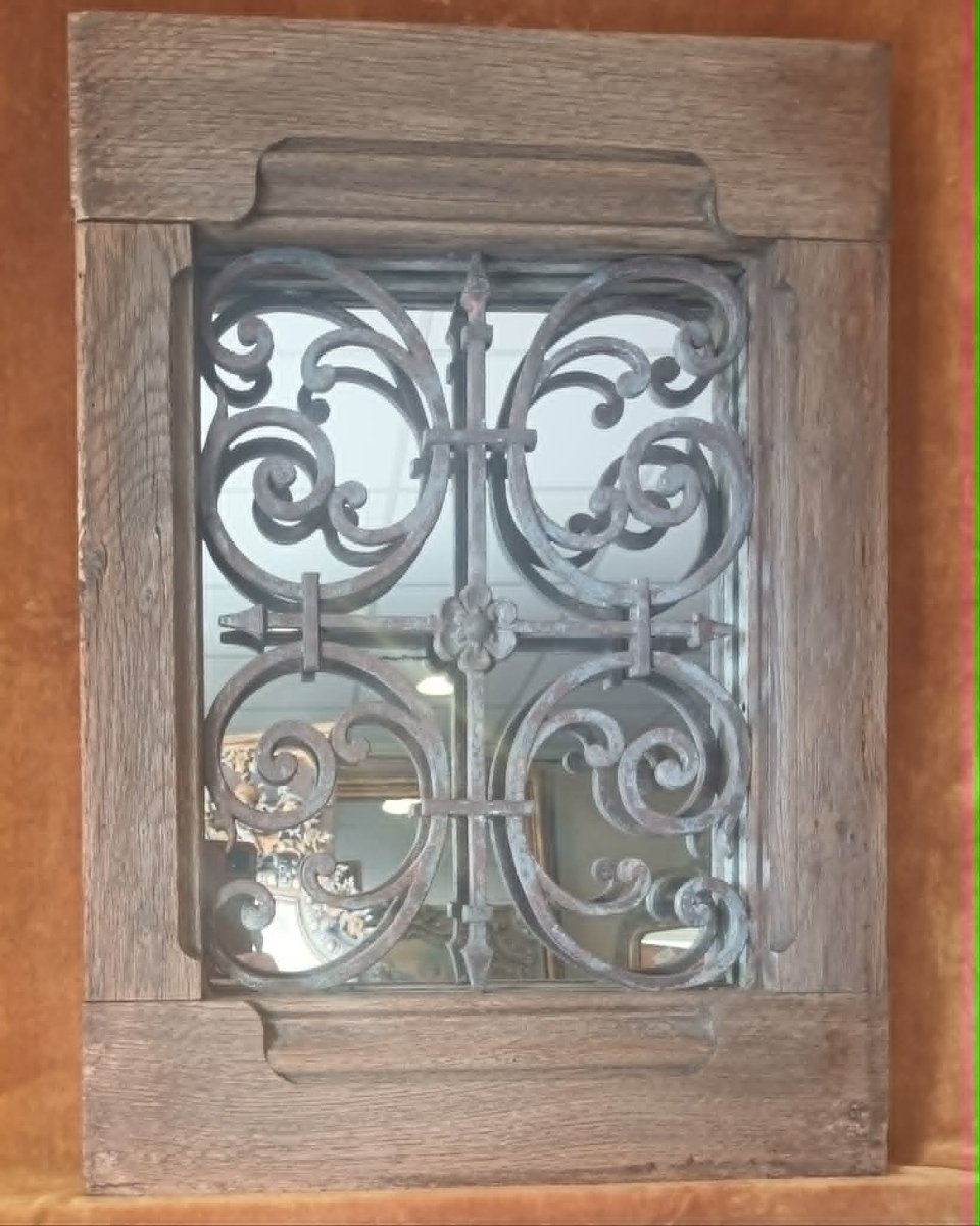 40 x 57 cm Paire de Miroirs anciens, cadre chêne massif avec imposte fer forgé XIXème-photo-4