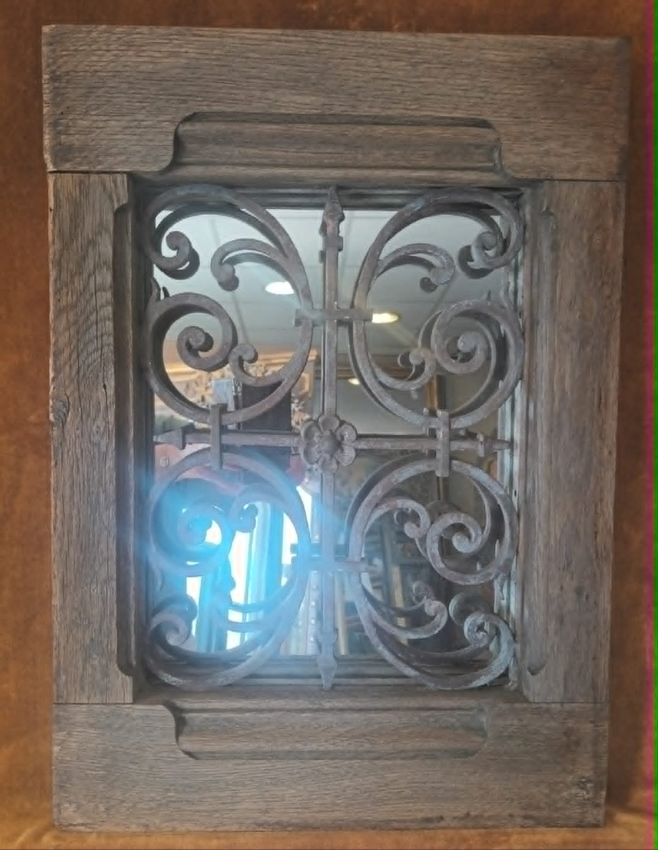 40 x 57 cm Paire de Miroirs anciens, cadre chêne massif avec imposte fer forgé XIXème-photo-1