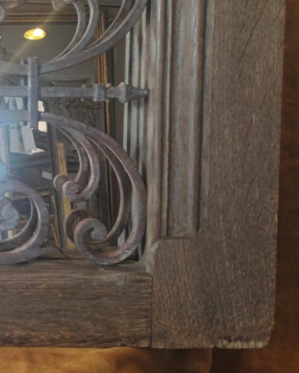 40 x 57 cm Paire de Miroirs anciens, cadre chêne massif avec imposte fer forgé XIXème-photo-2