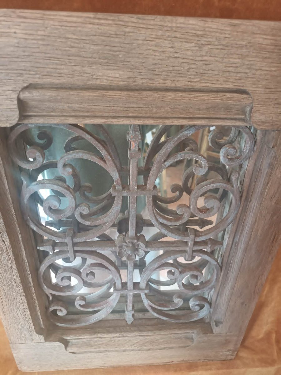 40 x 57 cm Paire de Miroirs anciens, cadre chêne massif avec imposte fer forgé XIXème-photo-6
