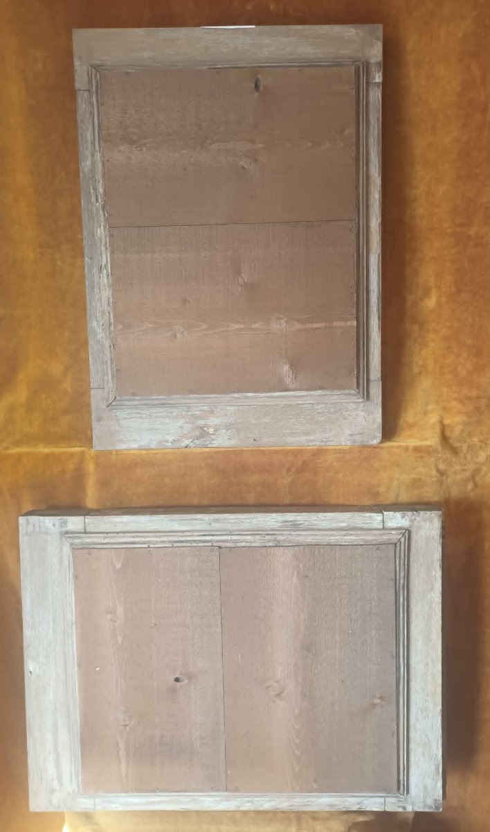 40 x 57 cm Paire de Miroirs anciens, cadre chêne massif avec imposte fer forgé XIXème-photo-7