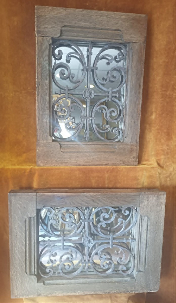 40 x 57 cm Paire de Miroirs anciens, cadre chêne massif avec imposte fer forgé XIXème