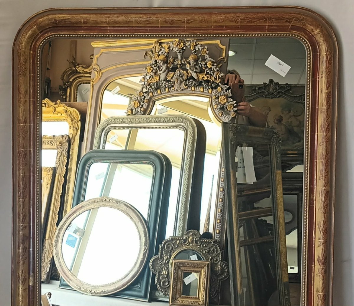101 x 148 cm Grand miroir de cheminée Louis Philippe perlé, feuille d'or d'origine-photo-2