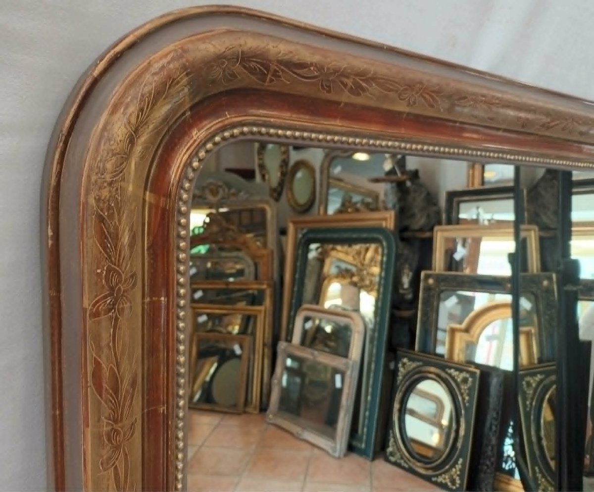 101 x 148 cm Grand miroir de cheminée Louis Philippe perlé, feuille d'or d'origine-photo-3
