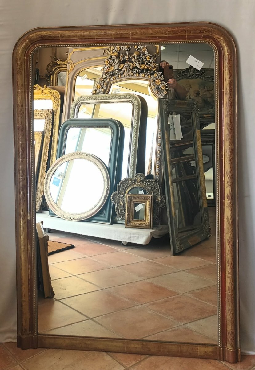101 x 148 cm Grand miroir de cheminée Louis Philippe perlé, feuille d'or d'origine