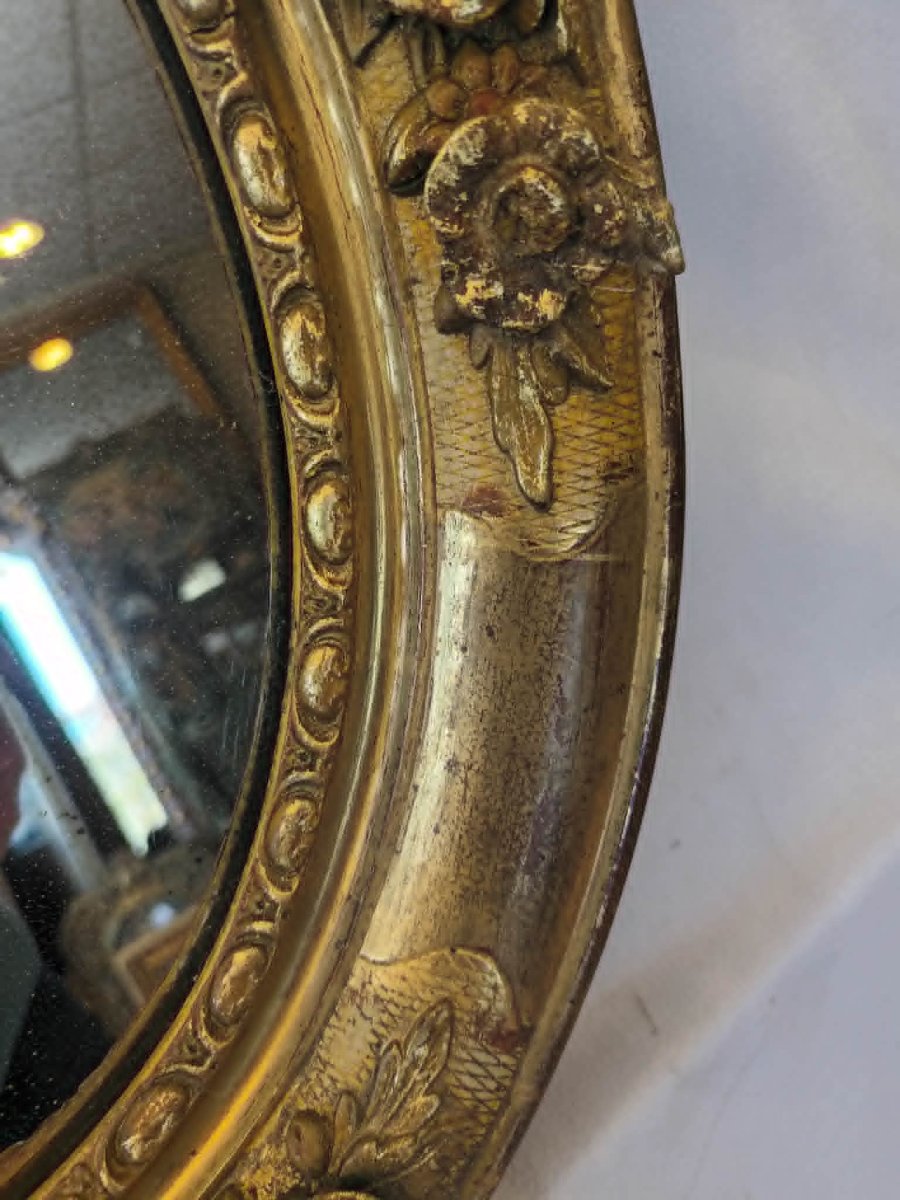 38 X 45 Cm 19th-century Oval Mirror, Regency Style, Gold Leaf, Mercury-photo-2