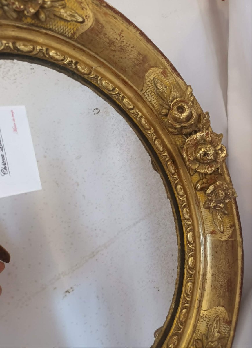 38 X 45 Cm 19th-century Oval Mirror, Regency Style, Gold Leaf, Mercury-photo-3