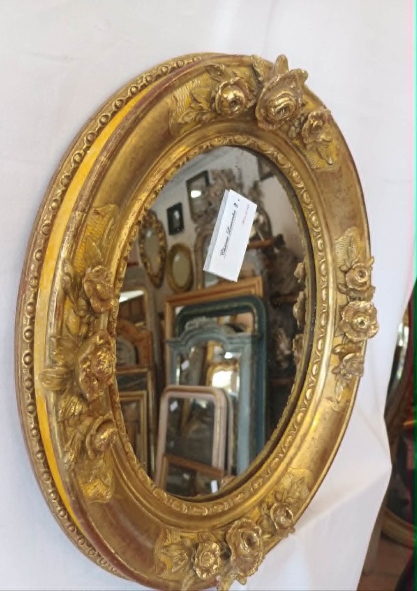 38 X 45 Cm 19th-century Oval Mirror, Regency Style, Gold Leaf, Mercury-photo-4