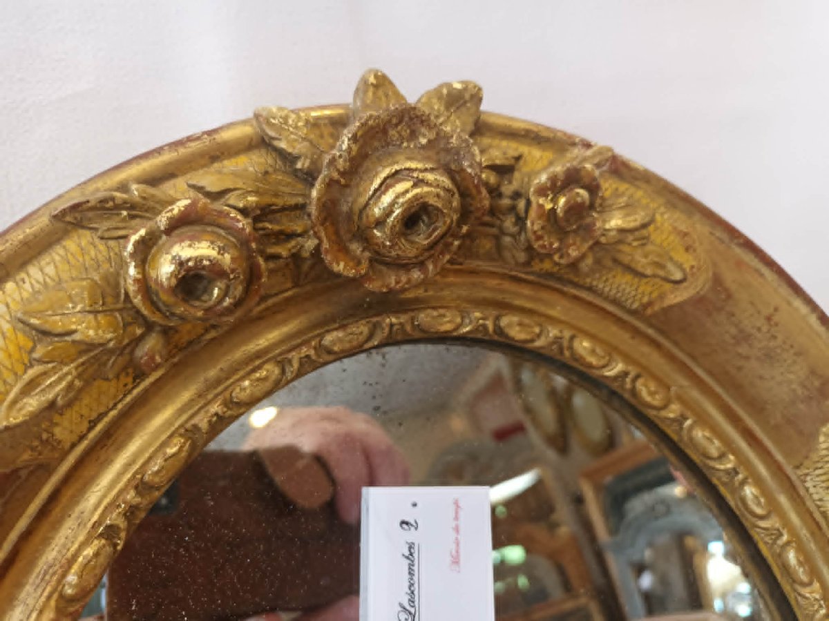 38 X 45 Cm 19th-century Oval Mirror, Regency Style, Gold Leaf, Mercury-photo-2