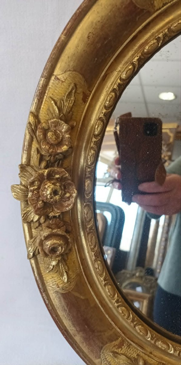 38 X 45 Cm 19th-century Oval Mirror, Regency Style, Gold Leaf, Mercury-photo-3