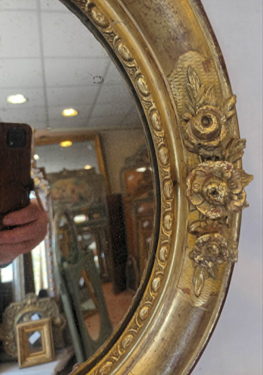 38 X 45 Cm 19th-century Oval Mirror, Regency Style, Gold Leaf, Mercury-photo-5