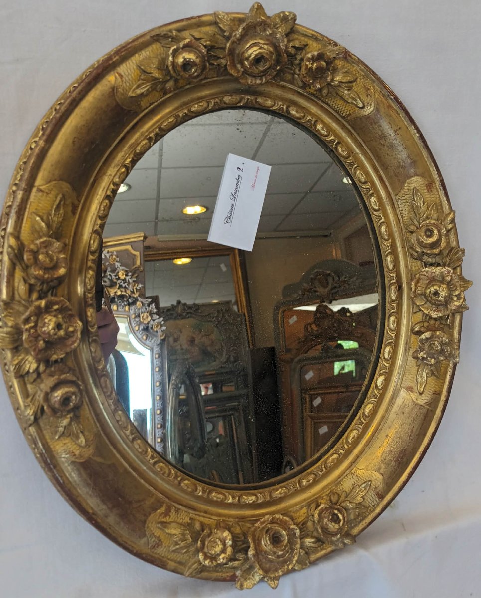 38 X 45 Cm 19th-century Oval Mirror, Regency Style, Gold Leaf, Mercury