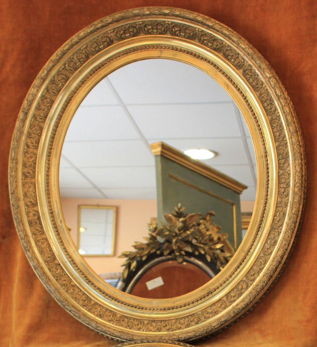 Paire de miroirs ovales, cadre médaillon Napoléon III, 67 x 76 cm-photo-2