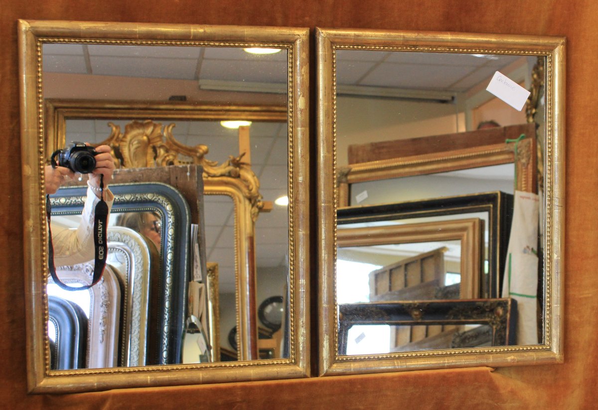 Paire De Miroirs Rectangle Feuille d'Or, Moulure Demi-jonc Perlée  44 x56 cm-photo-2