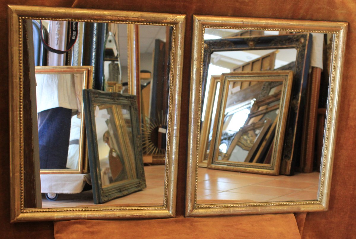 Paire De Miroirs Rectangle Feuille d'Or, Moulure Demi-jonc Perlée  44 x56 cm-photo-3