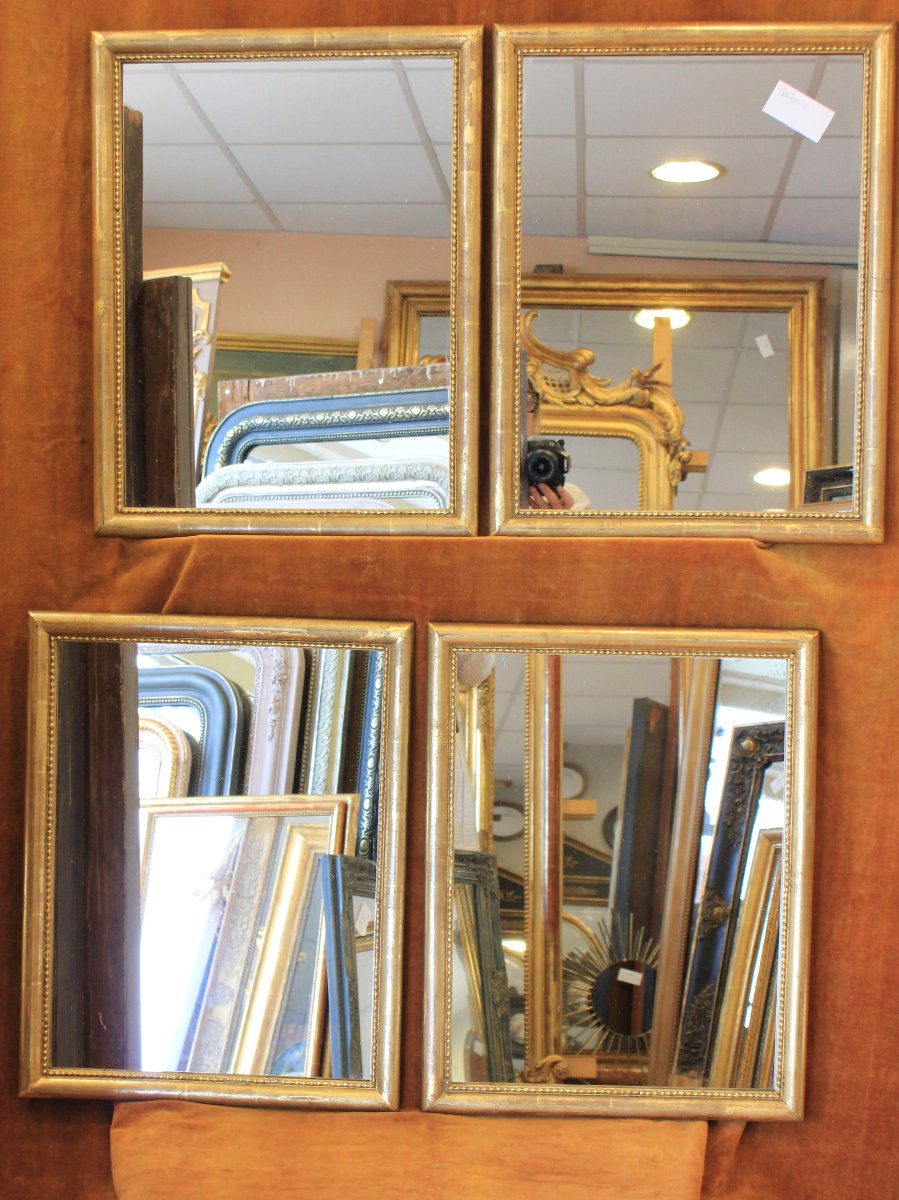 Paire De Miroirs Rectangle Feuille d'Or, Moulure Demi-jonc Perlée  44 x56 cm-photo-4