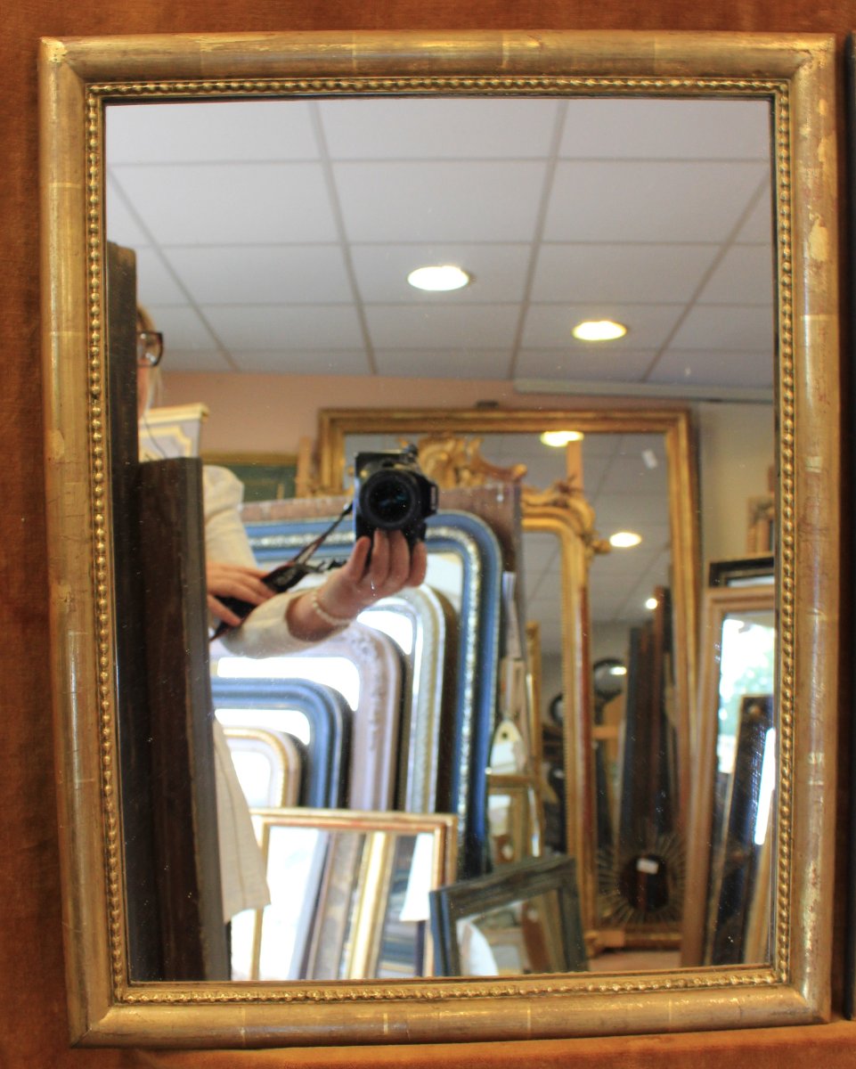 Paire De Miroirs Rectangle Feuille d'Or, Moulure Demi-jonc Perlée  44 x56 cm-photo-1