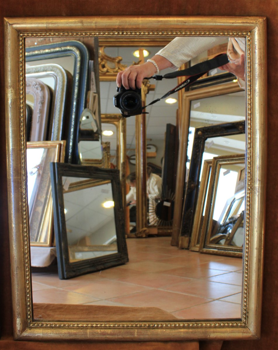 Paire De Miroirs Rectangle Feuille d'Or, Moulure Demi-jonc Perlée  44 x56 cm-photo-4