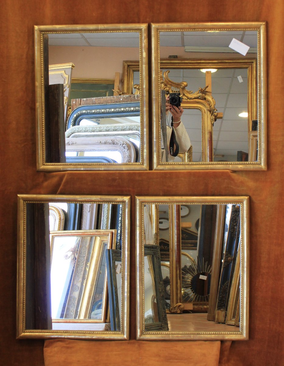 Paire De Miroirs Rectangle Feuille d'Or, Moulure Demi-jonc Perlée  44 x56 cm