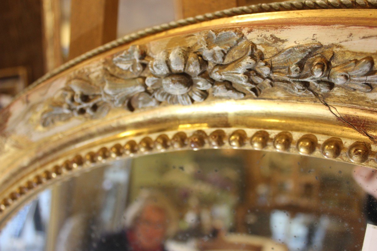 Miroir Ancien Ovale Restauration, Feuille d'Or Et Patine 75 X 90-photo-2