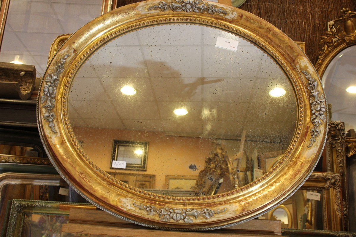 Miroir Ancien Ovale Restauration, Feuille d'Or Et Patine 75 X 90-photo-4