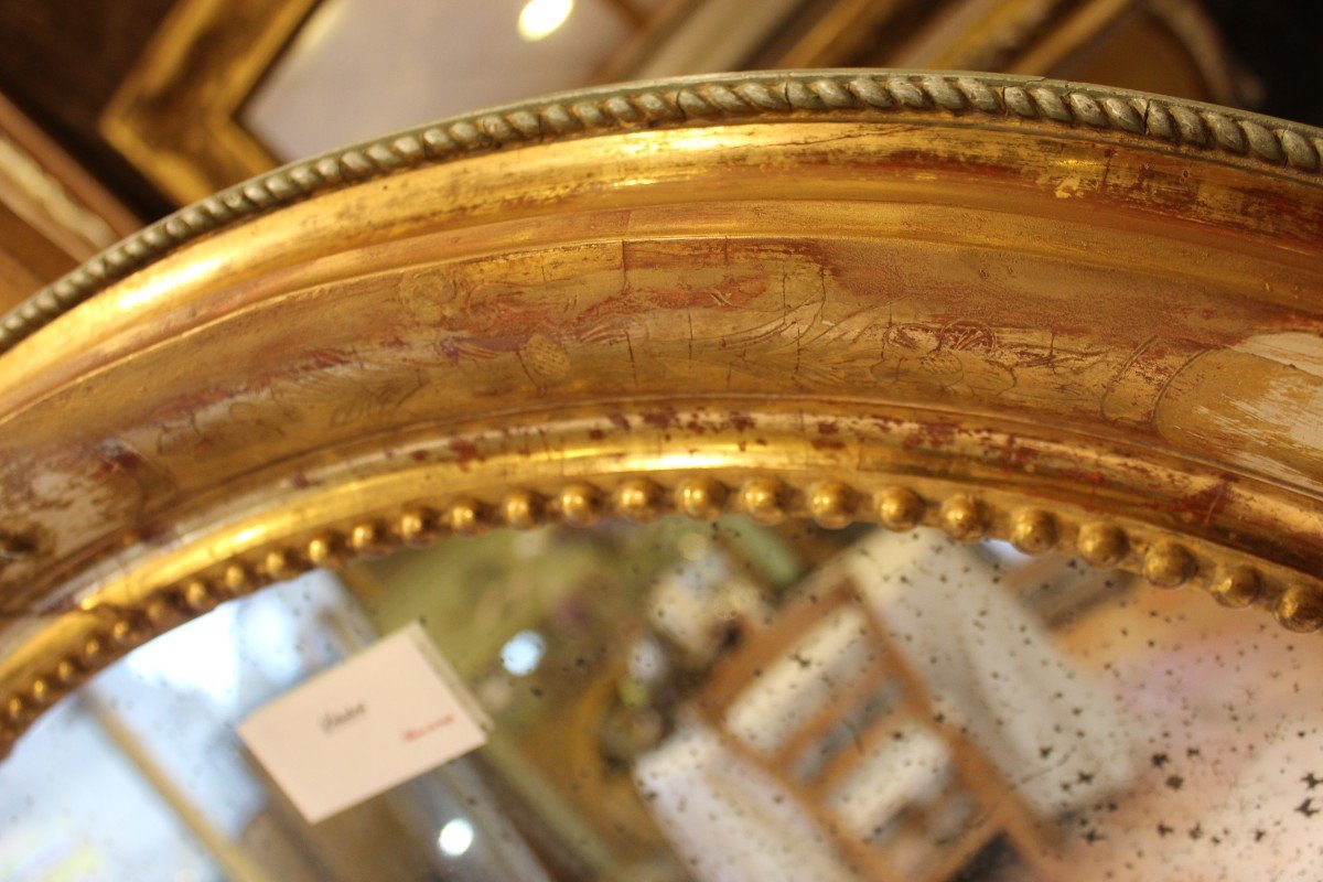 Miroir Ancien Ovale Restauration, Feuille d'Or Et Patine 75 X 90-photo-4